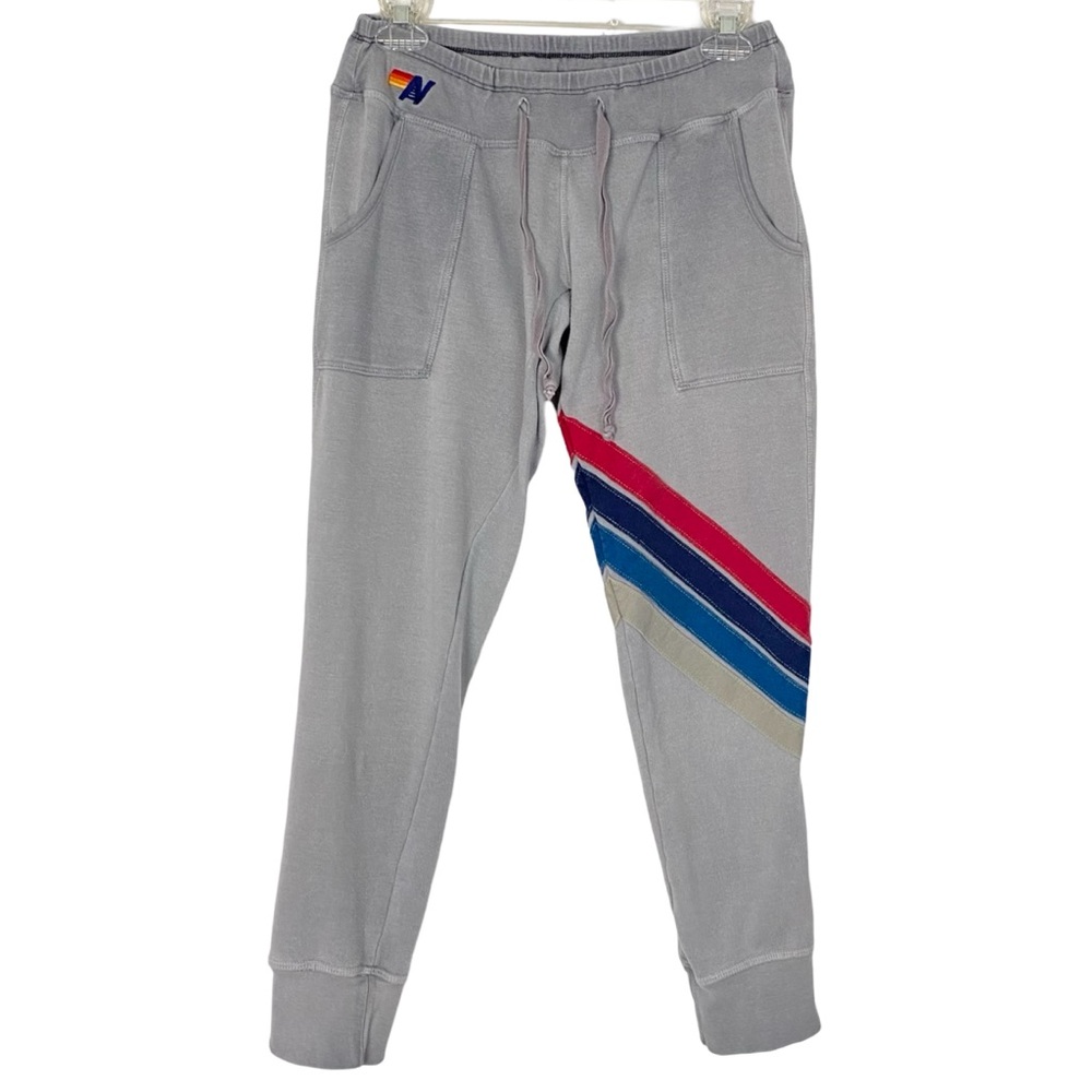 Aviator Nation Chevron Sweatpants Womens Small Low Rise Cropped Pockets Grey Red